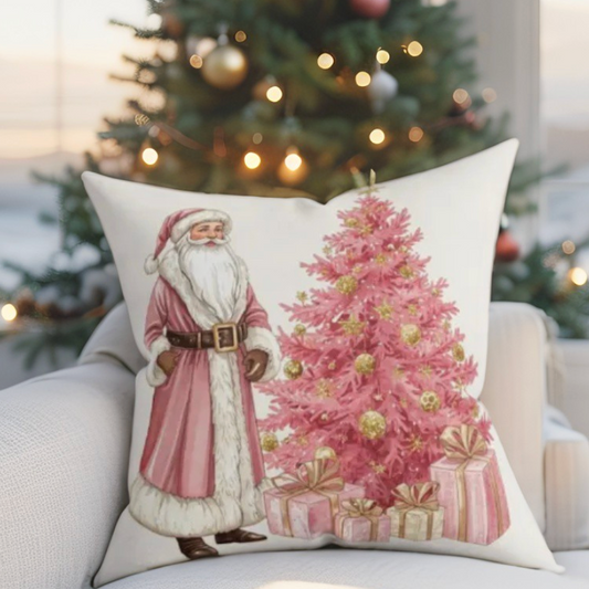 Vintage Pink Santa Claus and Pink Christmas Tree decorative throw pillow for Shabby Chic holiday decor on a white background.