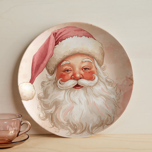 Pink Santa watercolor ceramic plate, 10-inch dinnerware for Christmas table settings.
