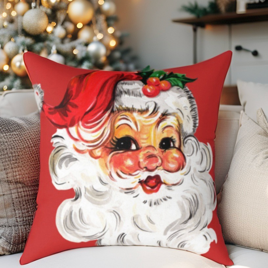 Red Santa Claus Christmas throw pillow, festive holiday accent cushion.
