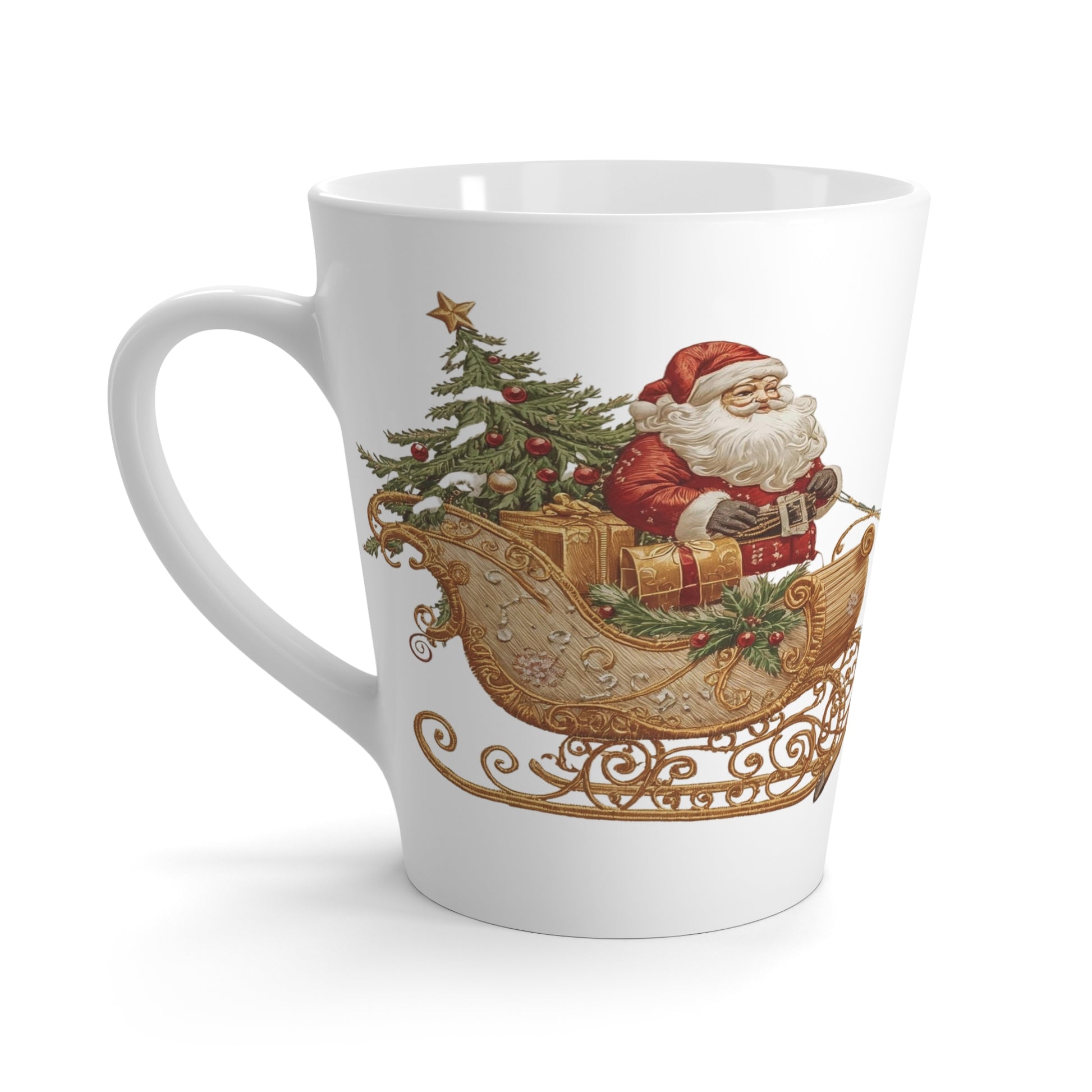 Ceramic Santa and reindeer sleigh mug perfect for coffee, cocoa, or gifting.