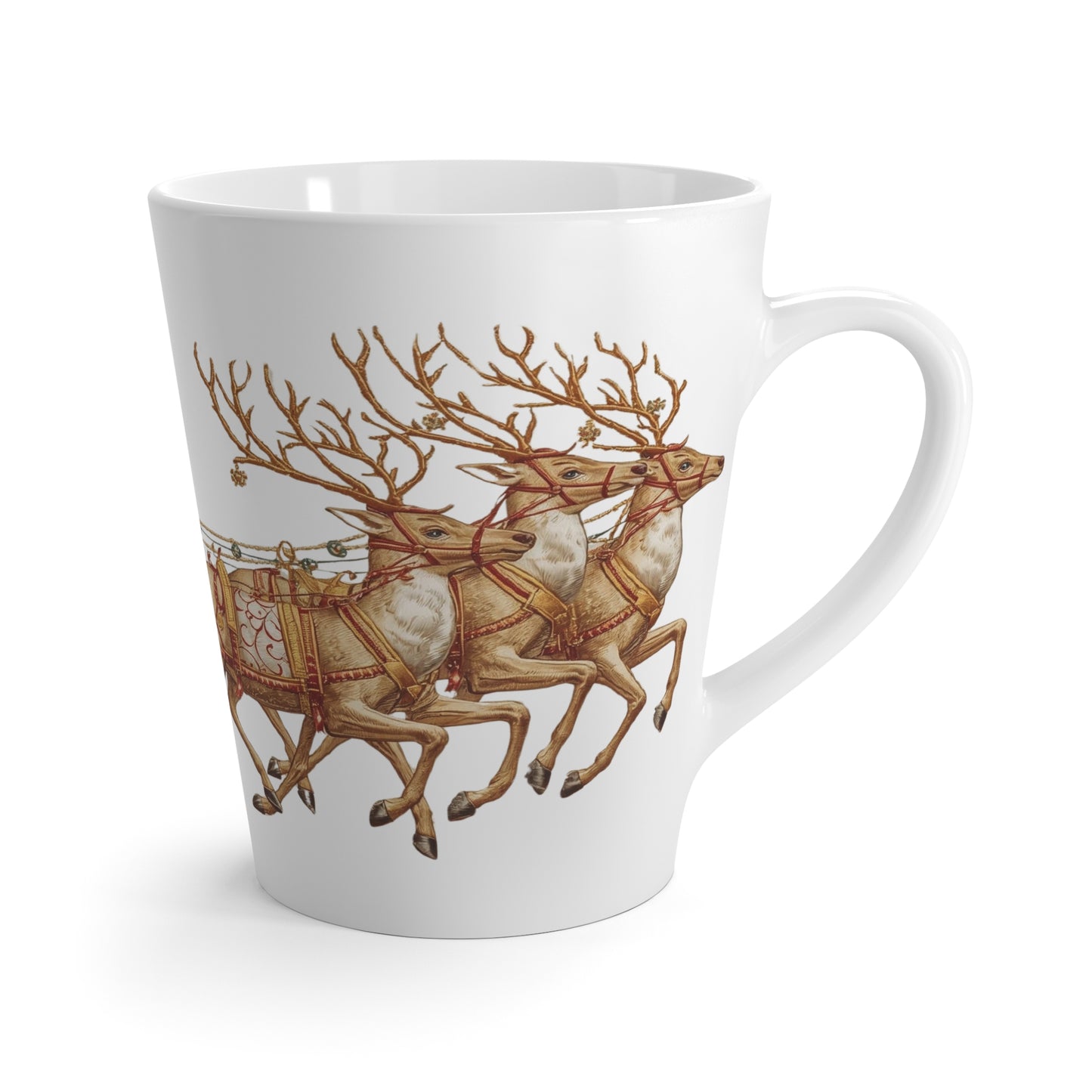 White coffee mug featuring Santa in his sleigh with reindeer, Christmas design.