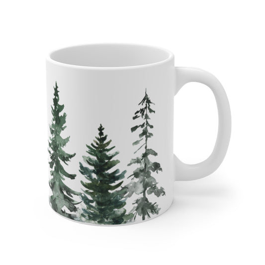 Set of four Christmas Tree Mugs stacked on a kitchen counter in a farmhouse style setting.