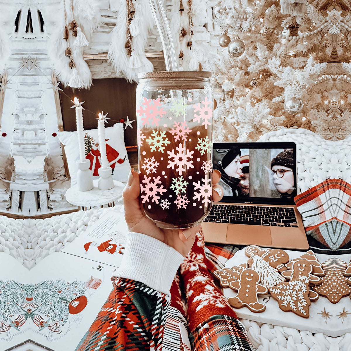 Pastel Snowflake Glass Tumbler - 17oz of Winter Wonderland Vibes