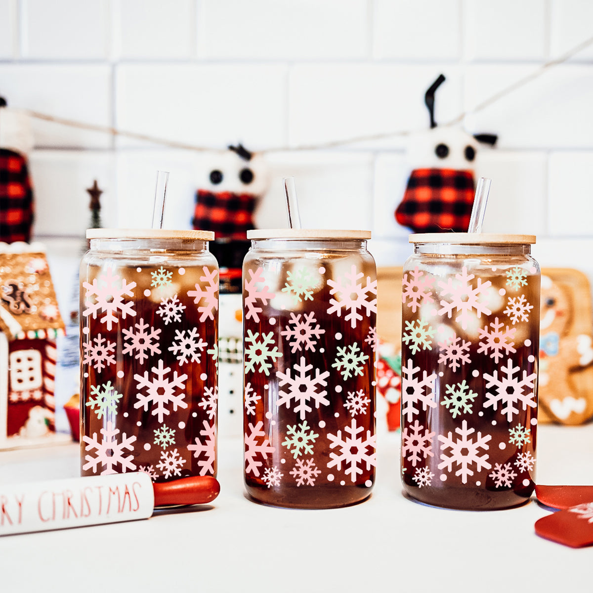 Pastel Snowflake Glass Tumbler - 17oz of Winter Wonderland Vibes