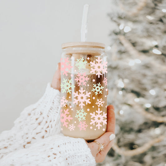 Pastel Snowflake Glass Tumbler - 17oz of Winter Wonderland Vibes