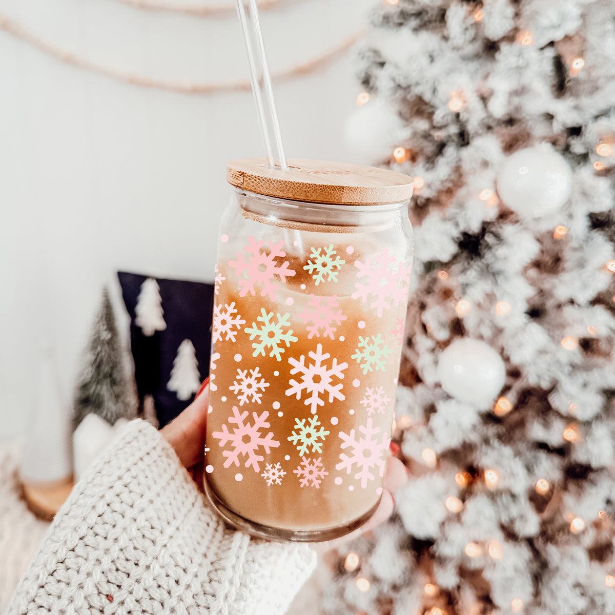 Pastel Snowflake Glass Tumbler - 17oz of Winter Wonderland Vibes
