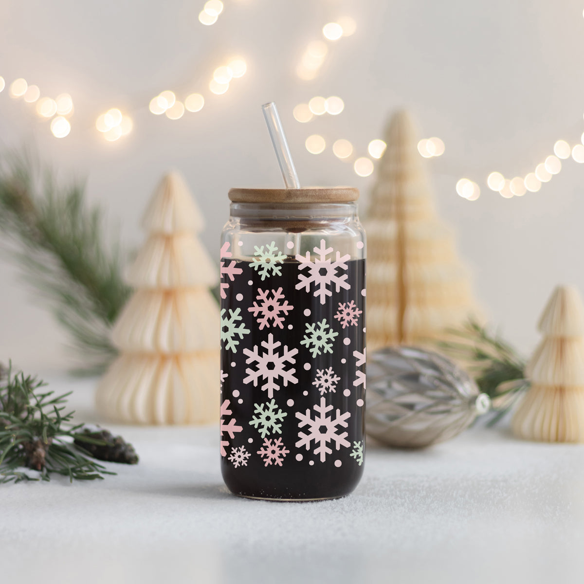 Pastel Snowflake Glass Tumbler - 17oz of Winter Wonderland Vibes