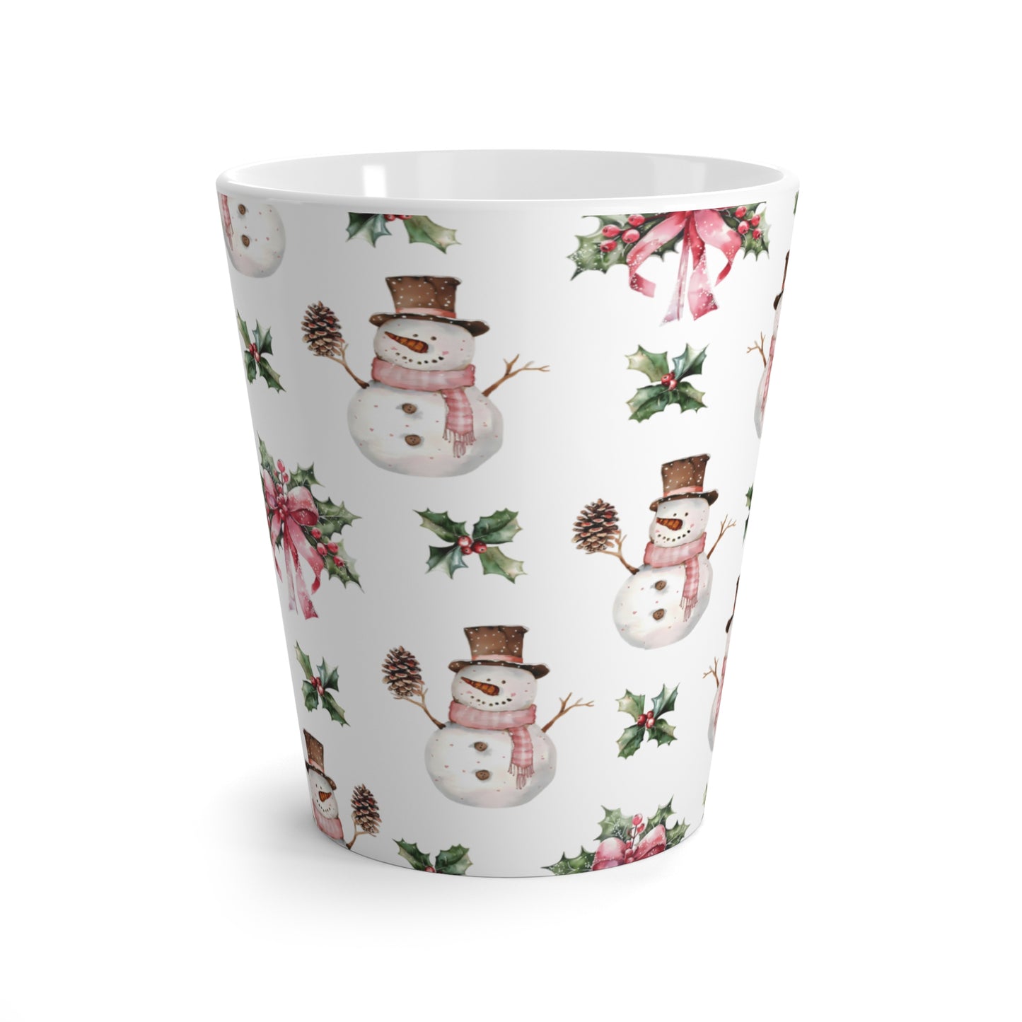 Snowman latte mug with festive Christmas design on white ceramic