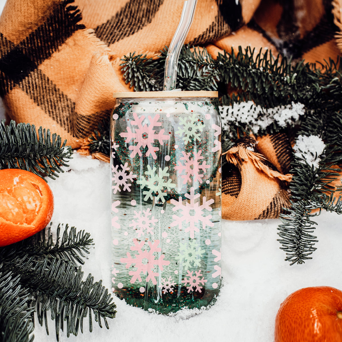 Pastel Snowflake Glass Tumbler - 17oz of Winter Wonderland Vibes