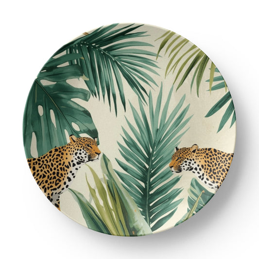Tropical-themed table setting featuring a 10-inch jungle animal accent dish with vibrant ceramic jaguar print.