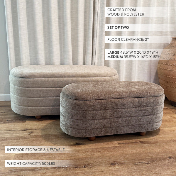 Storage benches with lift-up seats showing spacious interior compartments.