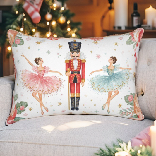 Watercolor Nutcracker Ballet Lumbar Throw Pillow with Sugar Plum Fairy and Clara Ballerinas, Christmas Decor.
