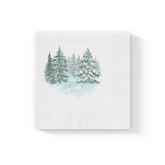 Watercolor pine tree snowy forest design cocktail napkins for Christmas party table decor