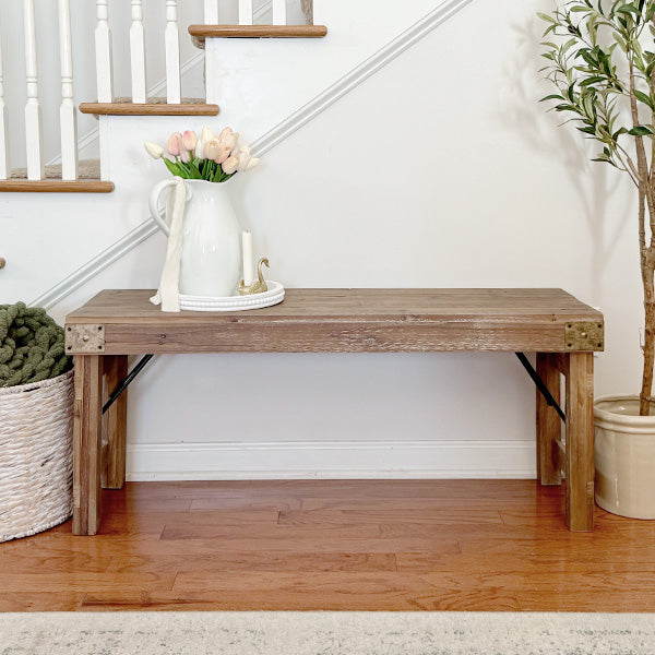 Entryway setup with reclaimed wood folding bench featuring foldable design
