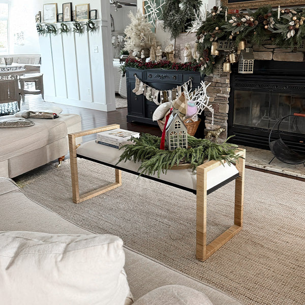 Coastal woven rattan wooden bench with natural wood frame, beach-house style seating for entryway or patio.